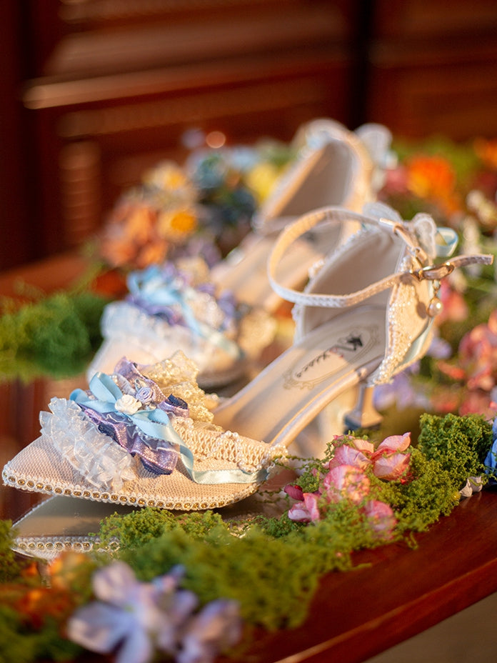 Bow Accent Design BluePurple High Decorated Toe Pointed Heels Knotted Beaded Floral 5CM/8CM