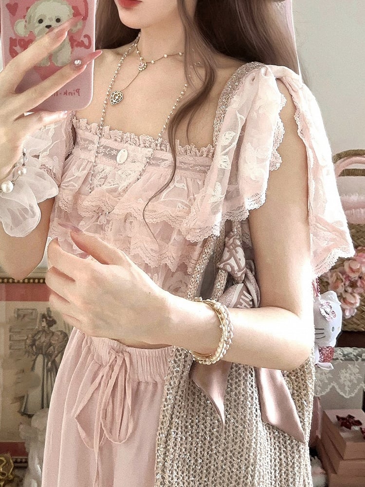 Volant mit Sakura-Rosa Chiffon-Overlay-Top mit floraler bestickter Spitze