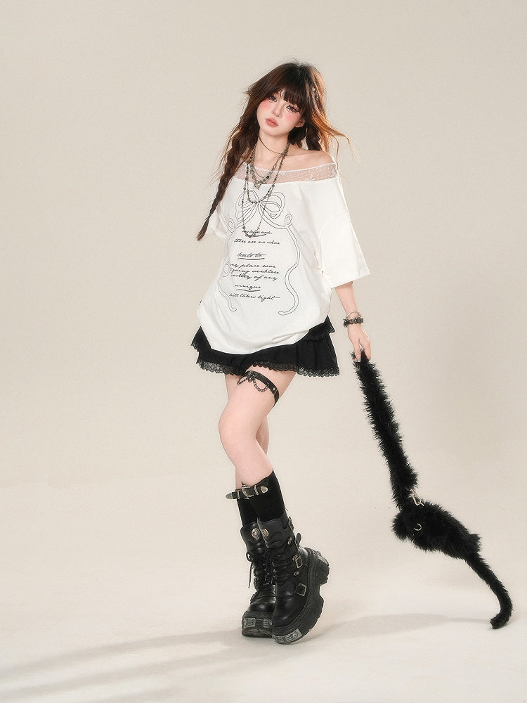 Bow Print Loose White Asymmetrical Neckline Lace T-Shirt Patches Neckline