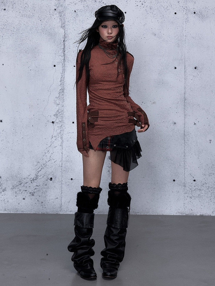 Jacquard Top with Brick Buckle Mock Accents Red Hem Neck Asymmetrical