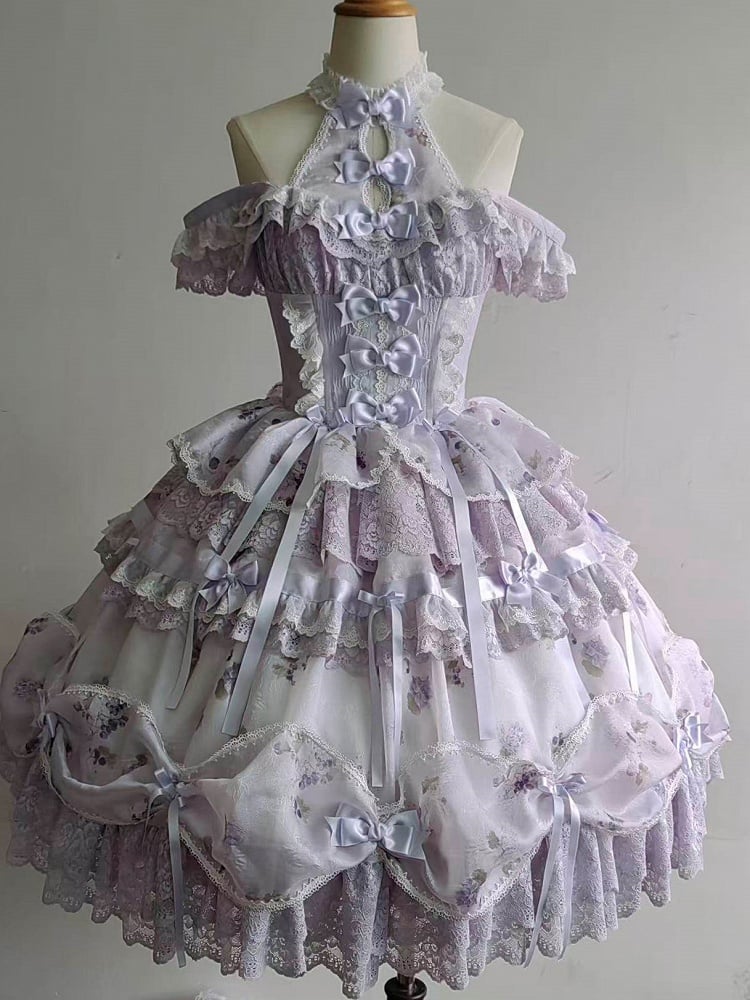 Hime Lolita Purple Dress Bows Halter with Lace Multiple Floral Neck Print Ruffles and