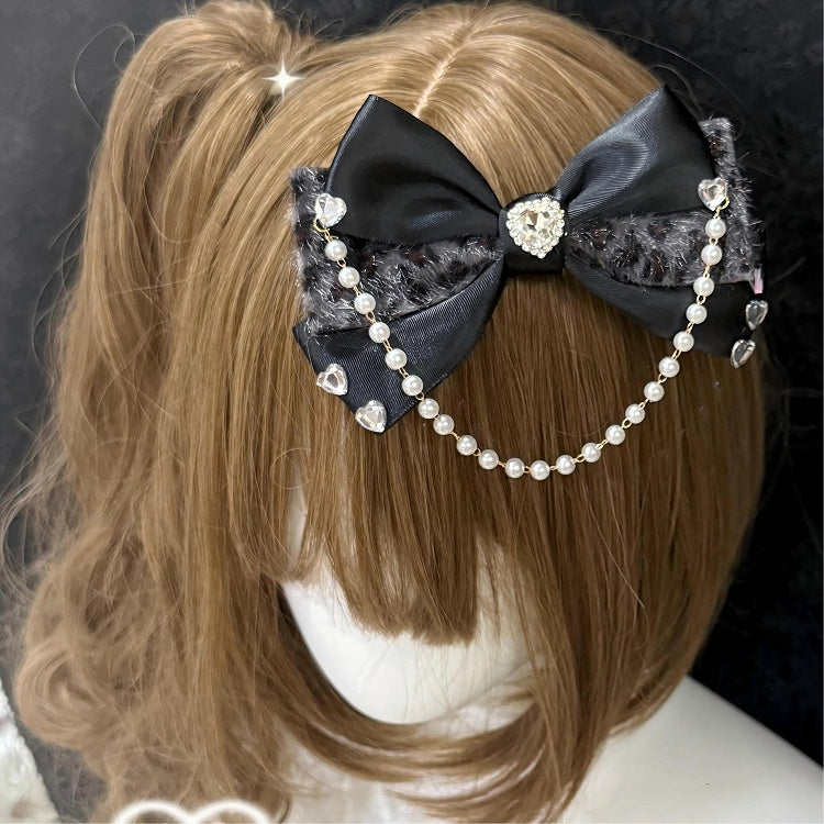 Bow Pearl 3 Color Print Chain Gem Leopard with Options Hairclip Heart and