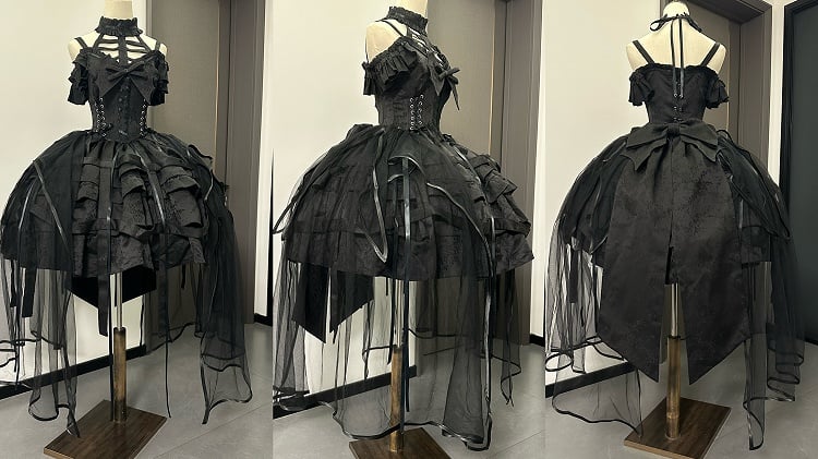 Großes Korsett mit Schleife und Gothic-Kleid und abnehmbarem Lolita-Rockdesign, schwarze Schnürung in der Vogelkäfig-Taille