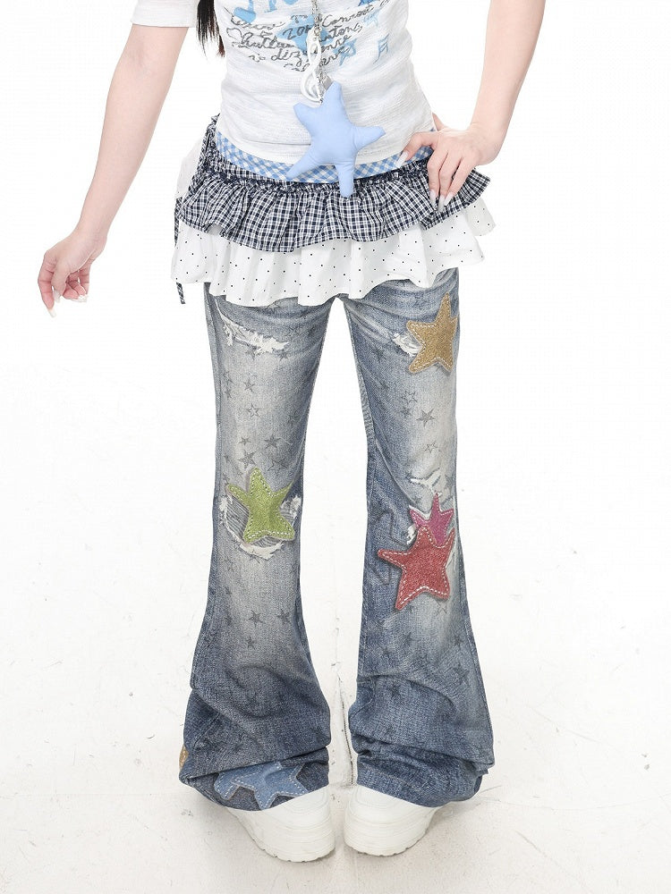 Vintage Kawaii Blue Star Print Flare Jeans - Languid Park