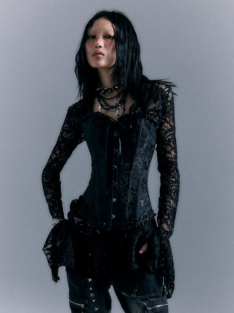 A-Linien-Minikleid mit Glockenärmeln, schwarze, halbtransparente Punk-Spitze