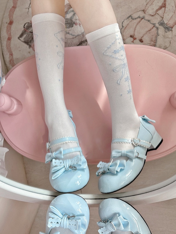 Blue Snowflakes Socks Lolita Bowknot Print White Calf Pattern