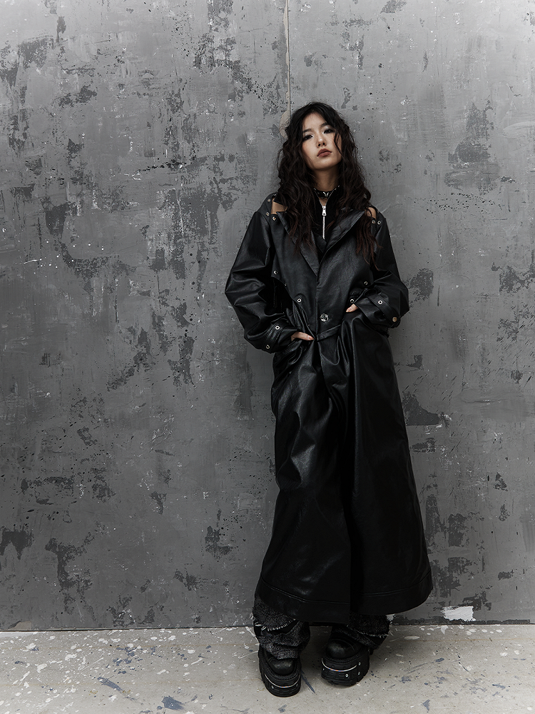Punk Coat - Design Cuffs Long Buckle Patchwork PU Cutout