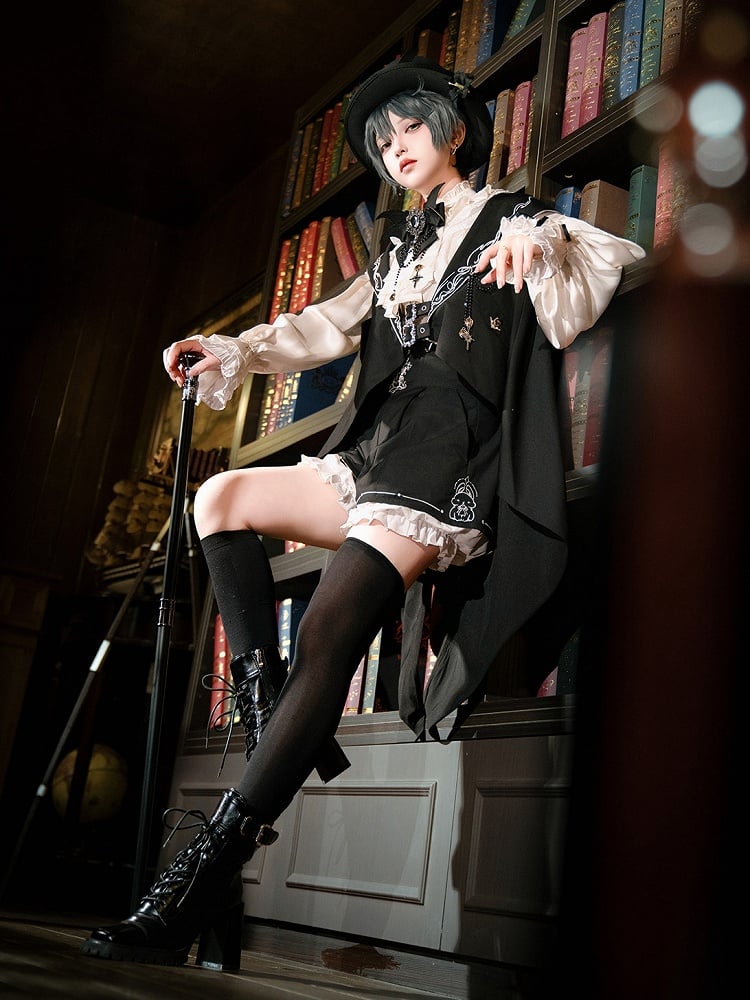 Waist Ouji Overall Black Waistcoat Bunny + Shorts Split-Tail High Lolita Hooded Ear Shirt