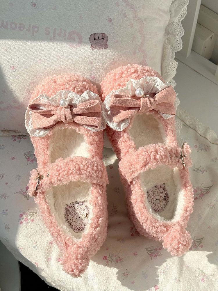 Mary with Jane Bow Shoes Design Plush Tail Decor Pink Lolita Pom-Pom Sweet