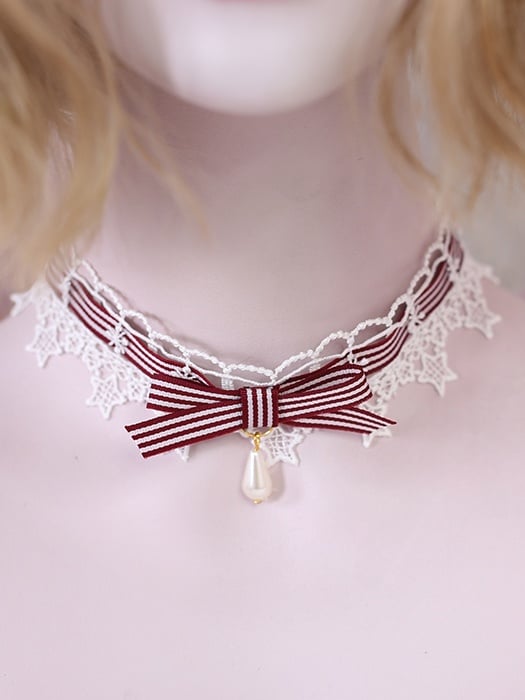 Red Pink Lace Star Striped Bowknot Choker Burgundy Lolita Cute Light /