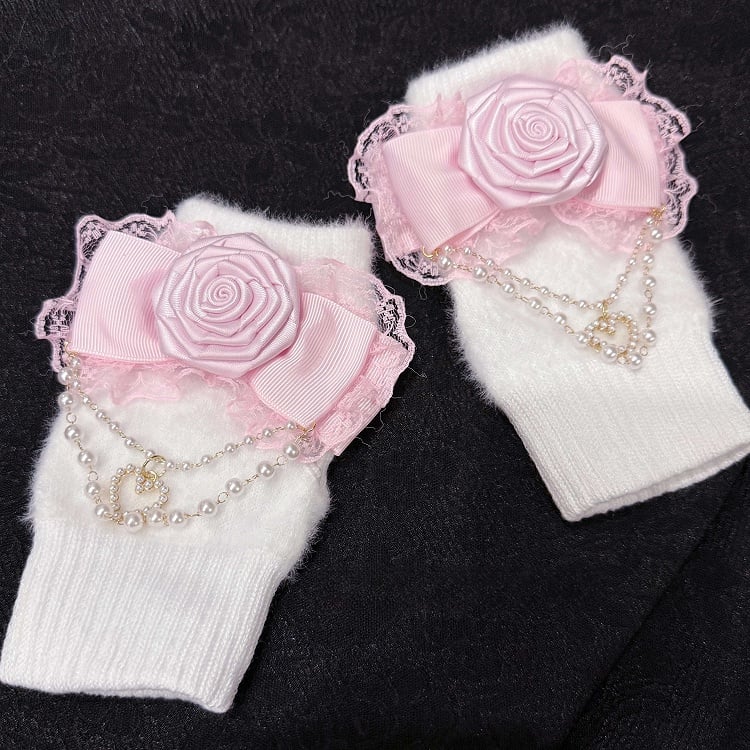 Pink Chains White Bow Rose and Accent Gloves with Pearl
