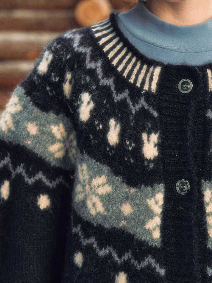 Navy Knit with Blend Premium Fair Isle Cardigan Blue Wool