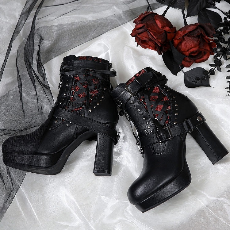 Gothic Lacing Crisscross Studded System PU Dual Black Fastening Boots Details - with High-heel Ankle