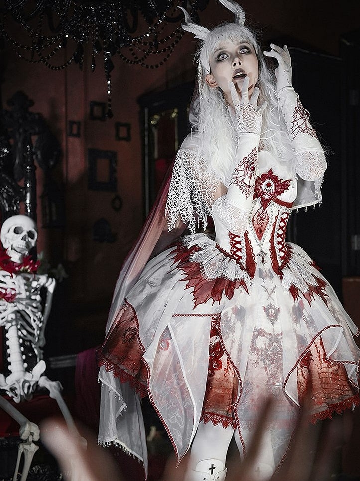 Red & White Bone Dragon Embroidery Halter Neck Gothic Lolita Dress Set - Ying Luo Fu