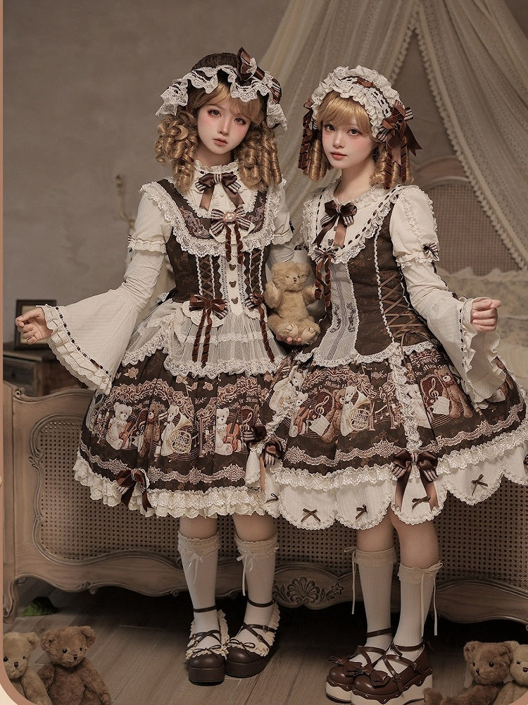 Vintage Beige Lace-Up Detachable Bell Sleeves with Lace Trim - Twin Bear Original Design