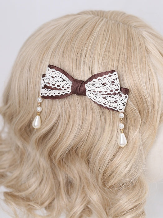 With Lace Bowknot Lolita Bead Hairclip Charms Brown Cute