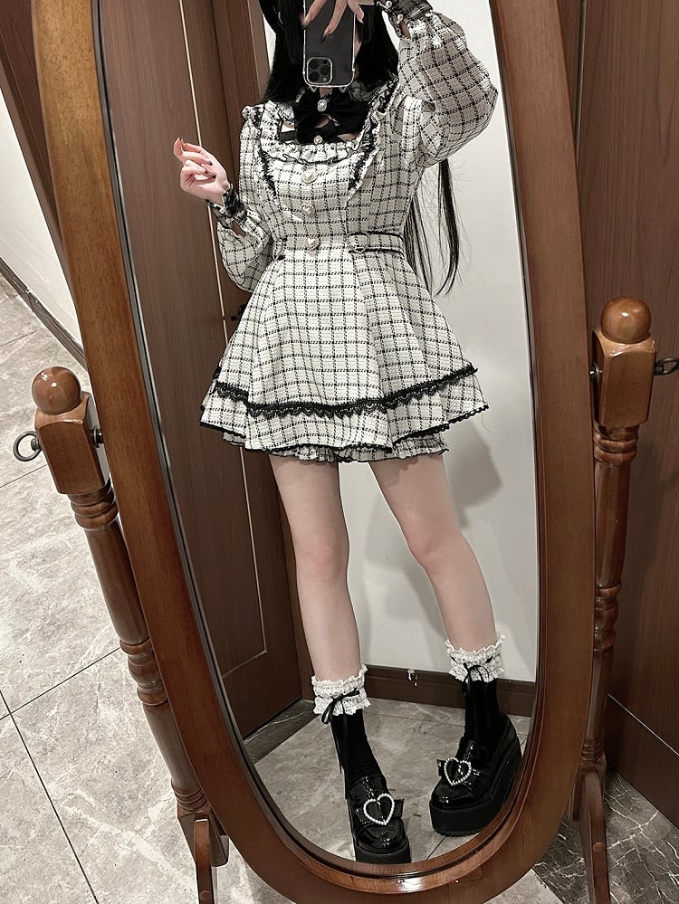 Landmine with Style Dress Coord Plaid Removable Puffy Collar - Beige Tweed Shorts