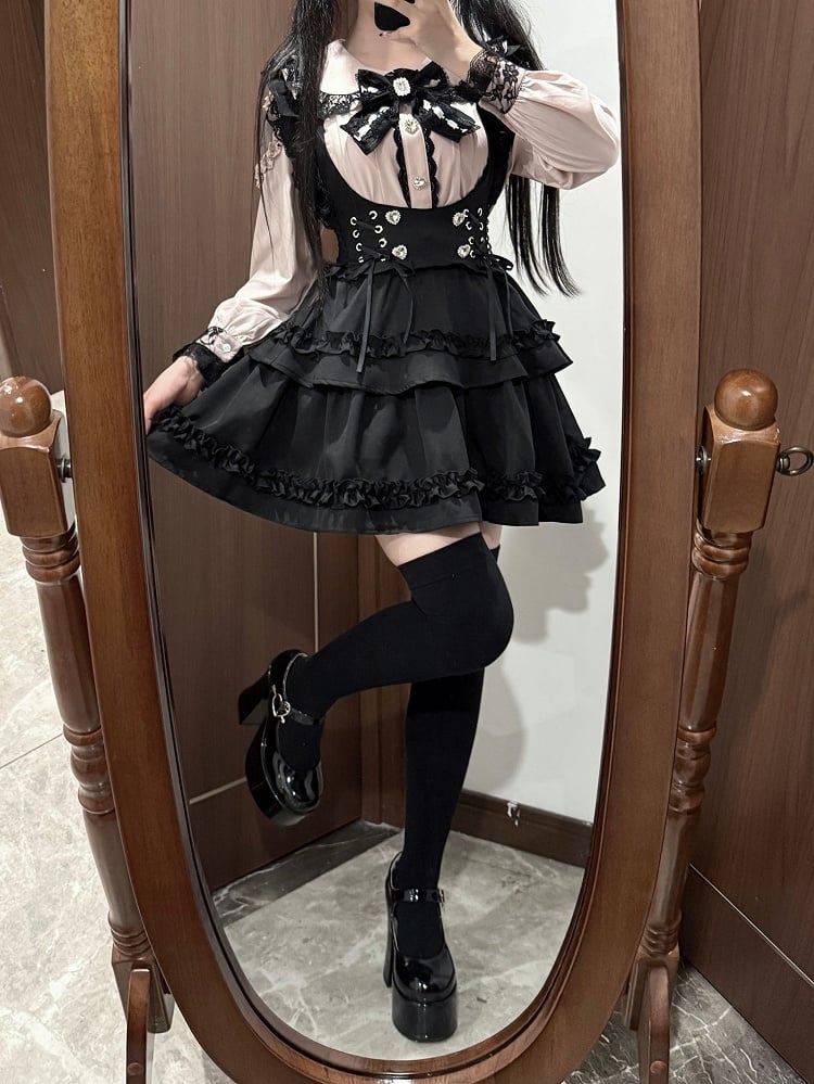 Sweet & Edgy Jirai Kei Coord Set: Pink Heart Rhinestone Blouse & Black Tiered Susender Skirt