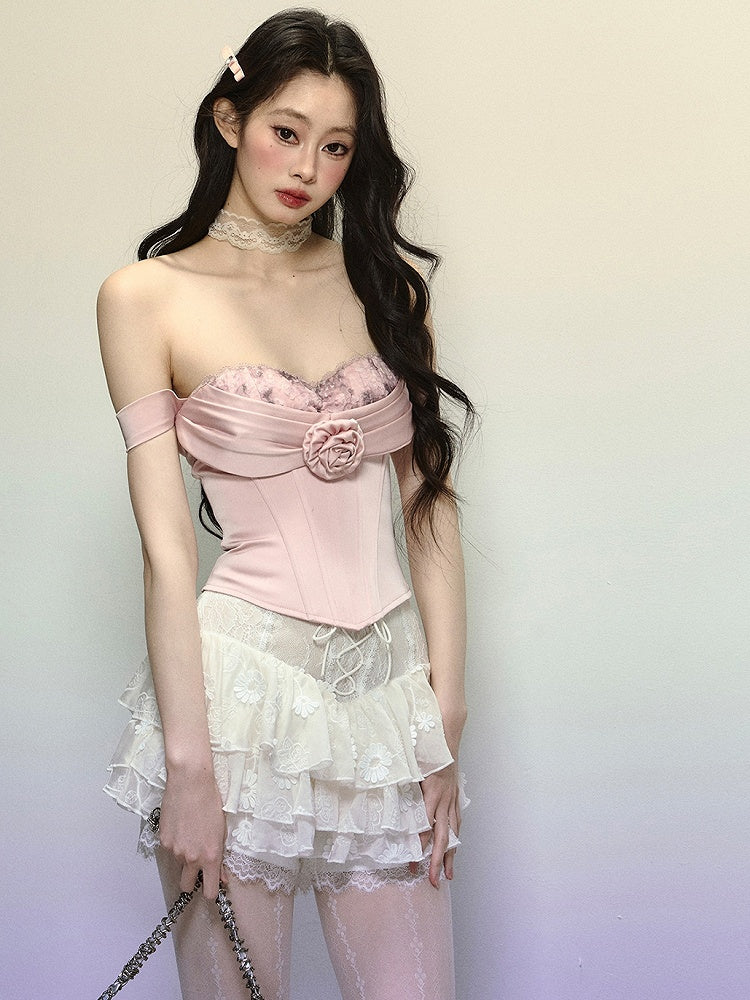 ピンクの花柄ビスチェ ボーン入りコルセットトップ