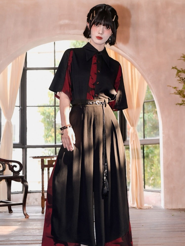 Gothic Black and Red Spliced Pointed Flat Collar Short Sleeve Shirt with Crow Motif - Quirky Hut