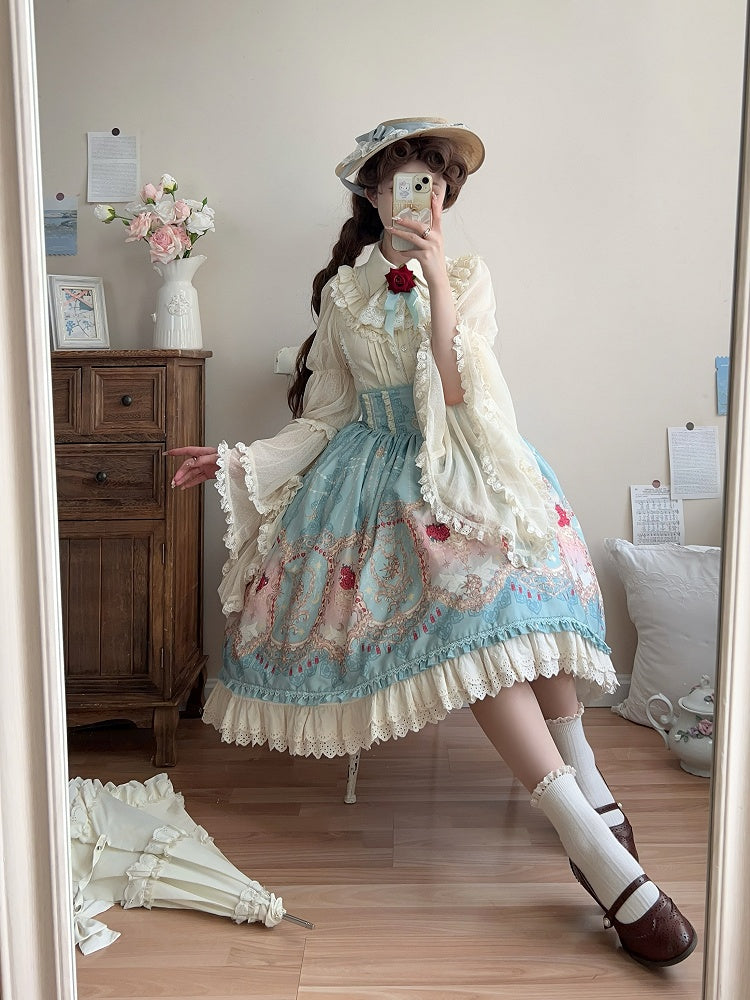 Blue Elegant Corset Belt High Waist Floral and Moon Lolita Skirt