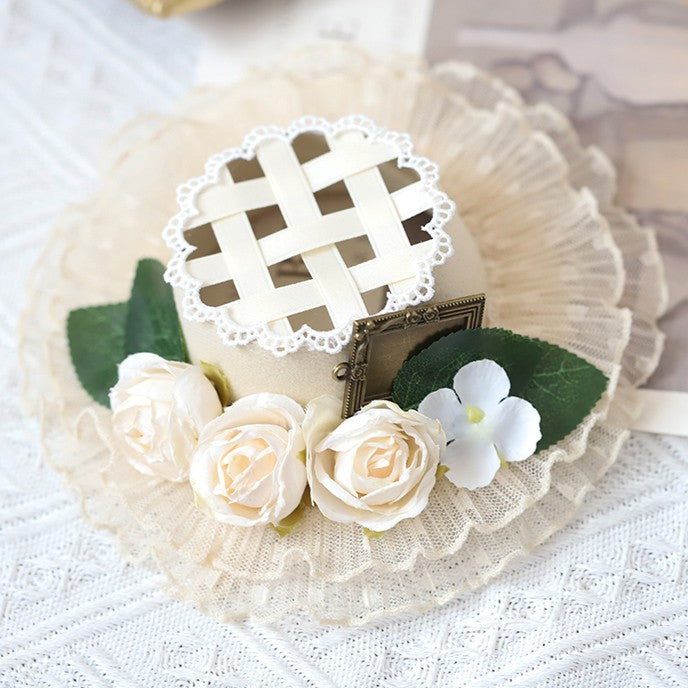 Beige/Black Hat Accents with Flower Lolita Design Mini Woven