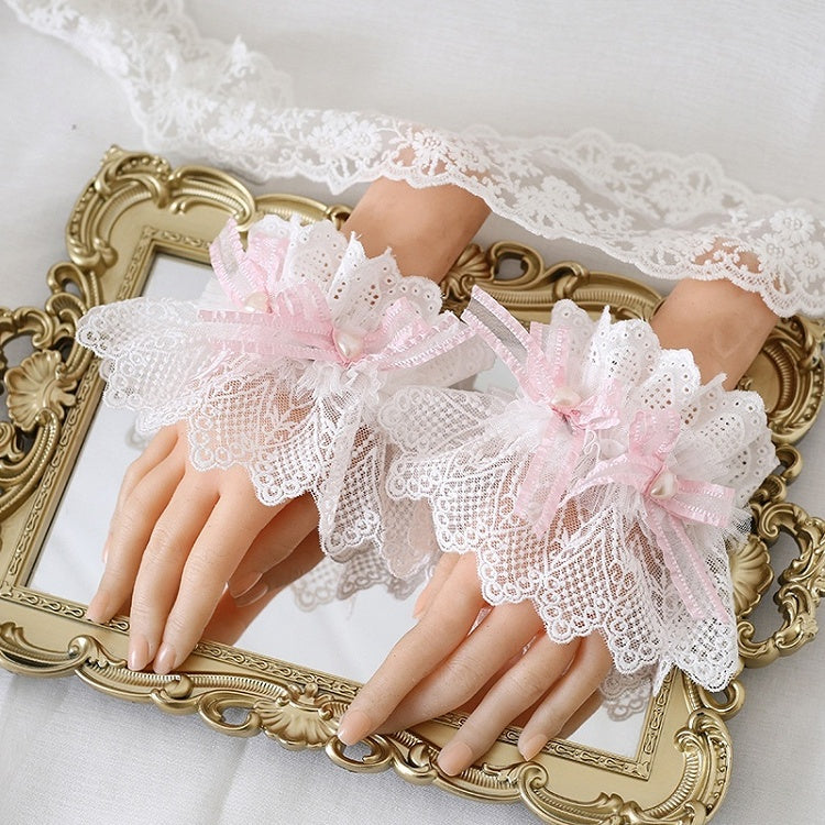 Cute of Cuffs Pink A Wrist Bowknot with Pair Decoration Lace Double-Layer