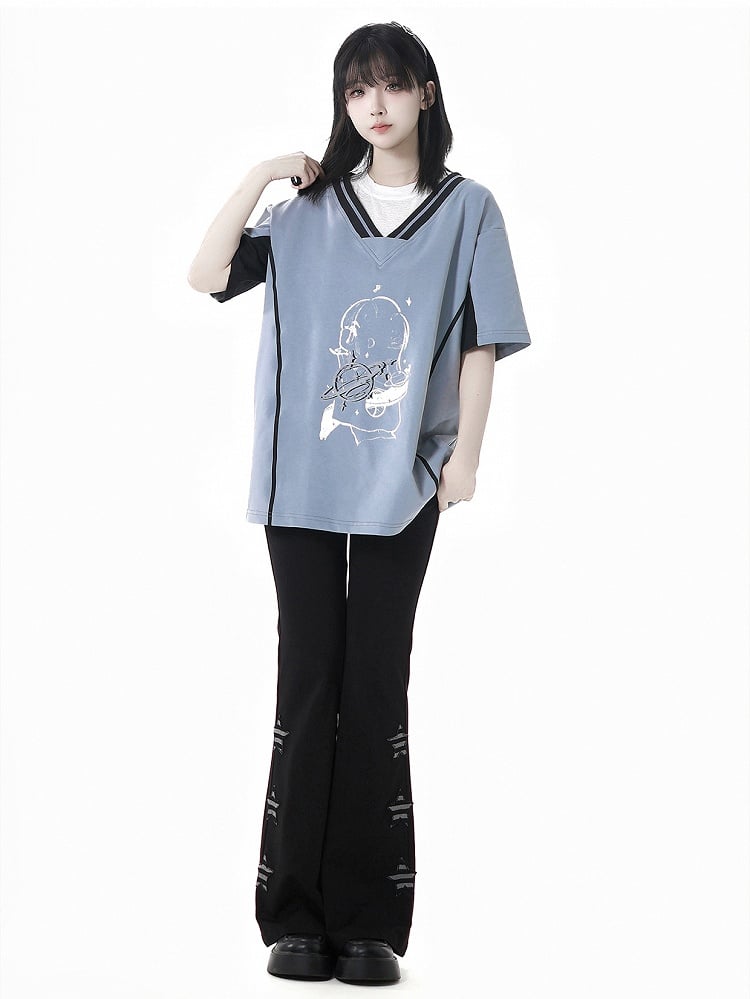 Two-pieces Neck Blue/Red Round Faux Light Graphic T-Shirt