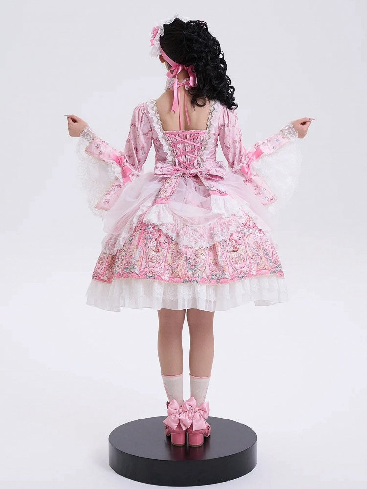 Rosafarbenes Lolita-Kleid mit Rosettendruck, inspiriert von der Rokoko-Mode, quadratischer Ausschnitt, Glockenärmel, OP/komplettes Set