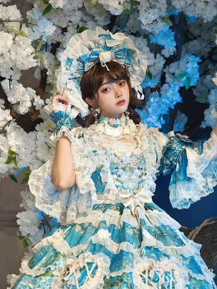 White Print Rose Floral Blue Detail Lolita Bonnet Ruffled with