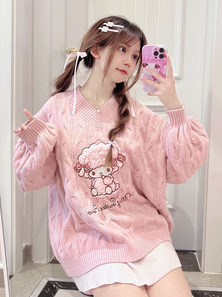 Pink V-Neck Sweater with Sweet Piano Motif