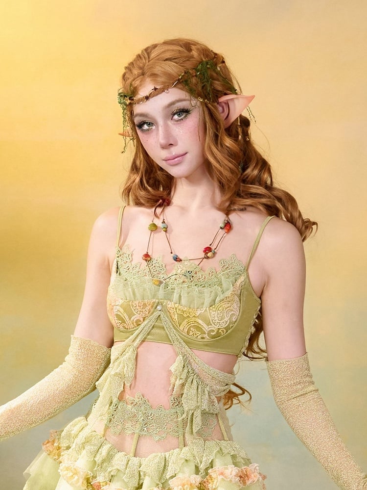 Green & Yellow Summer Fairycore Mori Kei Sleeveless Top with Lace Trim - Virtual Orbit