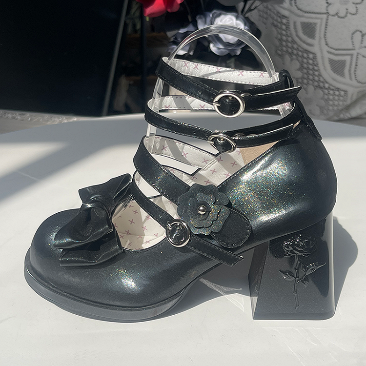 Top Rose with Lolita Accents Shoes Sparkling High-heel Black Elegant Bow