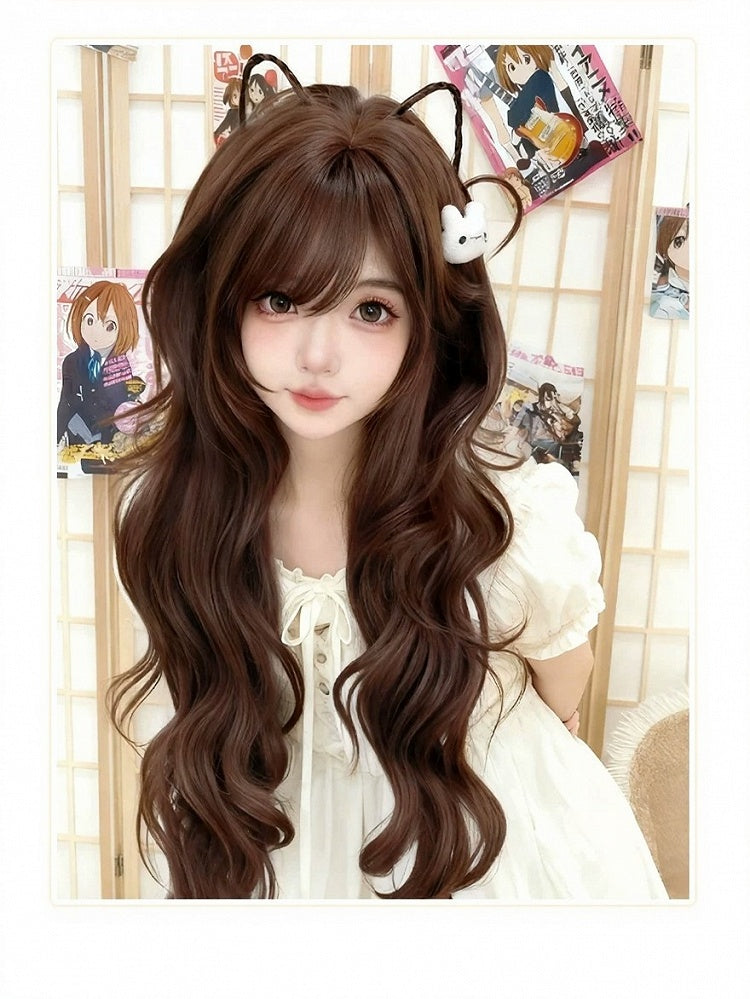 Chocolate Brown 75cm Long Wavy Wig with Side-Swept Fringe - Meow Island Wig