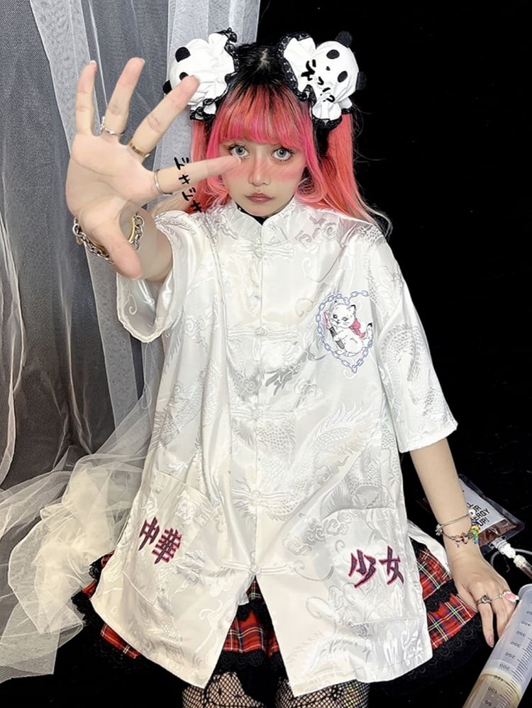 and Cat White Cheongsam Motif Blouse Dragon Sleeve with Long/Short