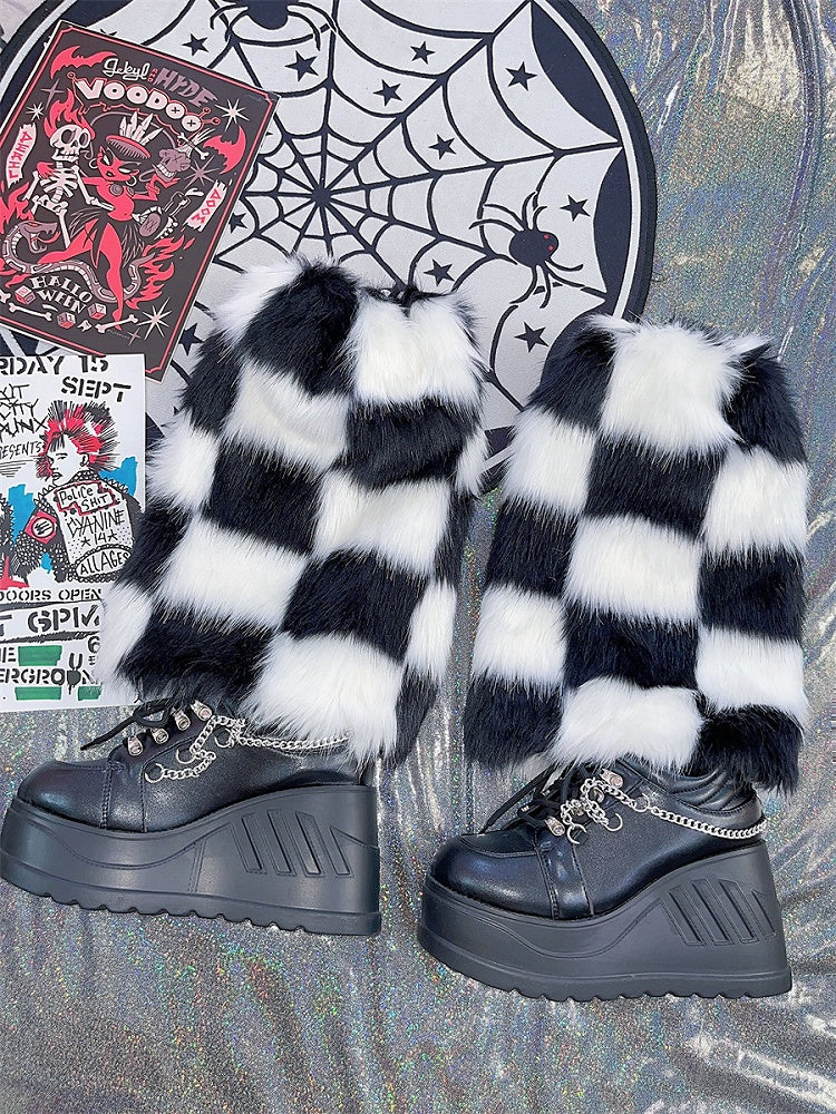 Y2K 40cm チェック柄シャギーレッグウォーマー