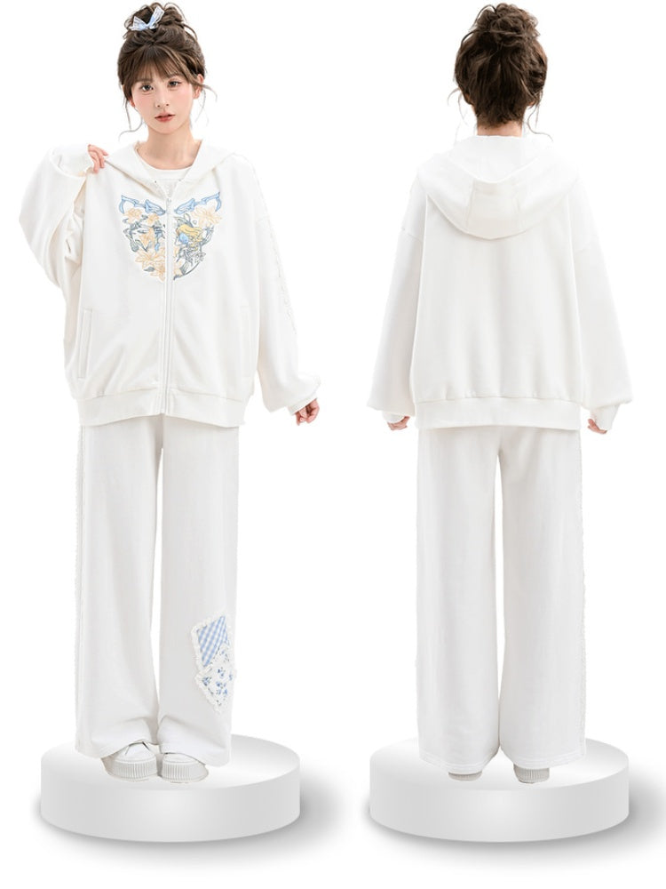 Blue/White Alice in Wonderland Embroidered Zip Closure Hoodie