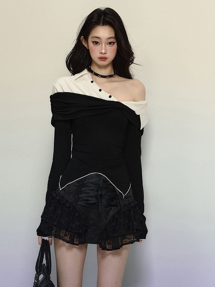 Black and White Fake Two-piece Asymmetrical Neckline Top