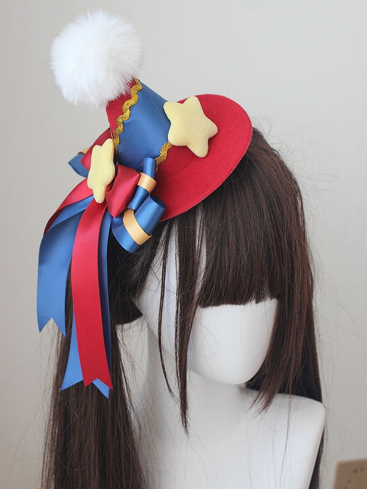 Blue And Red Circus Sweet Lolita Stars Big Bow Pompon Mini Hat