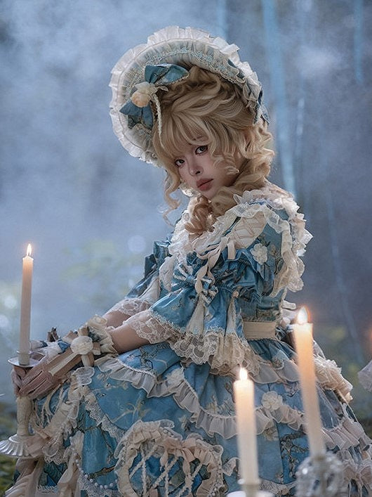 with Rose Blue Lolita Ruffled White Accents Bow and Bonnet