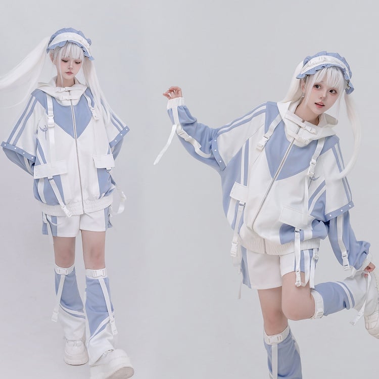 White Tenshi and Warmers Style Light Adjustable Techwear Cuffs Leg Kaiwai Snap Blue with