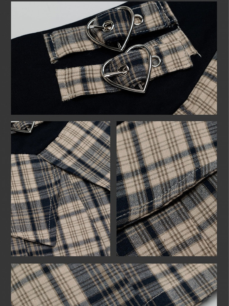 カーキ/レッド バックルストラップ ハイウエスト チェック柄 プリーツスカート