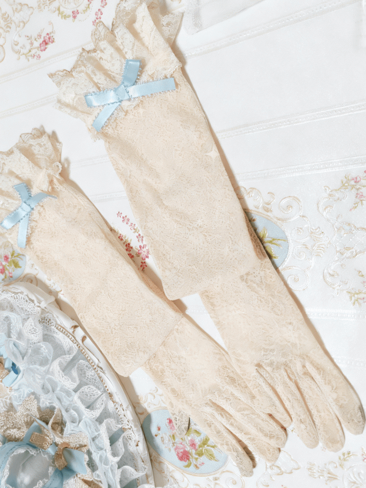Beige Floral Sweet Pattern Gloves Blue Lace Lolita
