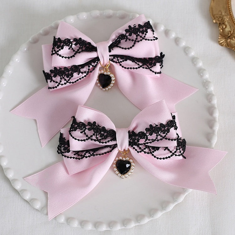 of Pair Lace Bowknot Charm A with Decorations Heart Colors Black 9 Hairclips