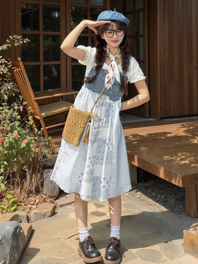 Mori Denim Overallkleid Blau kariert und florales Patchwork-Design Kei