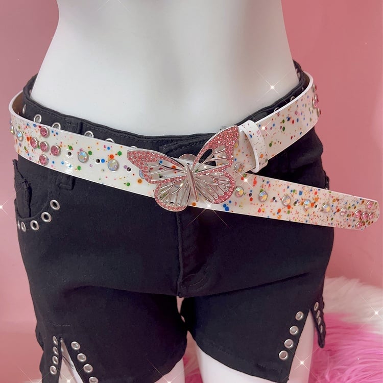 Belt Rhinestone White/Colorful Design Butterfly Decorated Waist