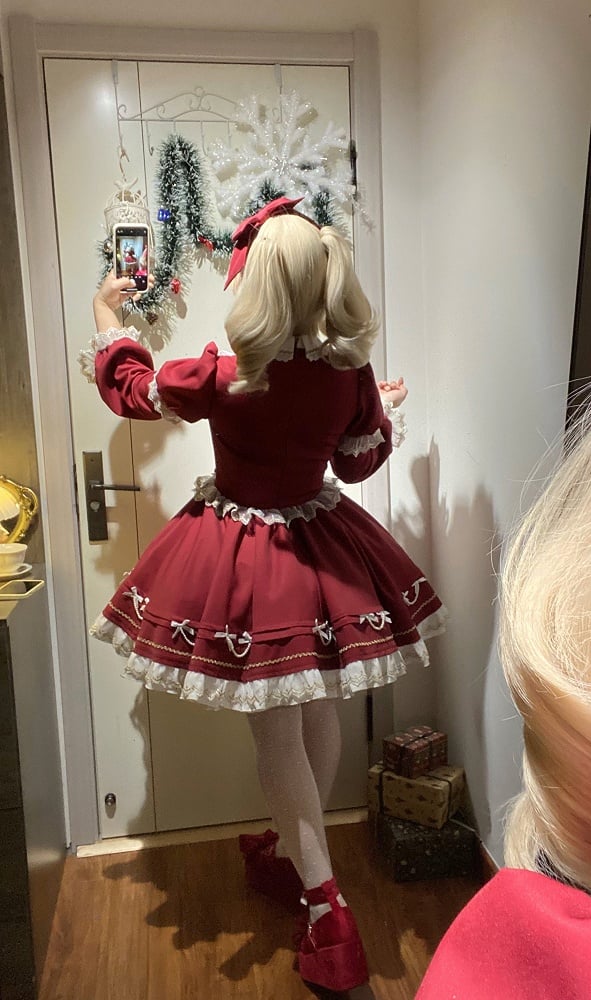 New Dress / Hem with Red Christmas Year Sleeves Lolita Pearl-Chain Bow Accents Long