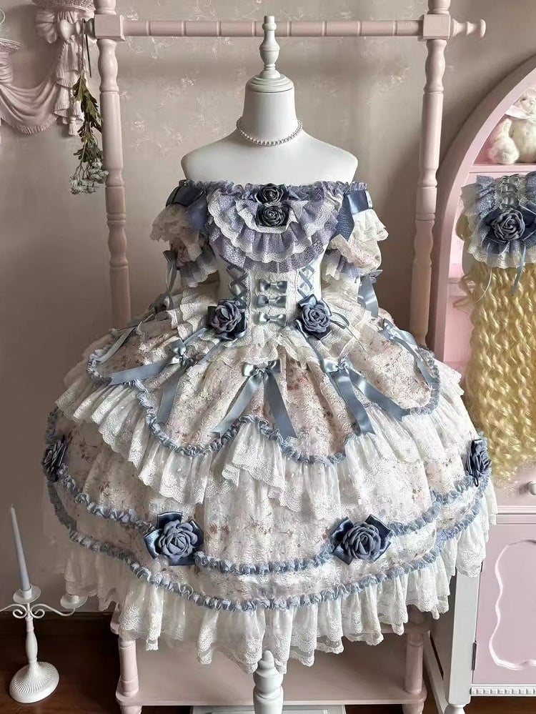 Puffy Rose Dress Hime with Lolita Accents Blue Multi-Layered Dark Ruffle