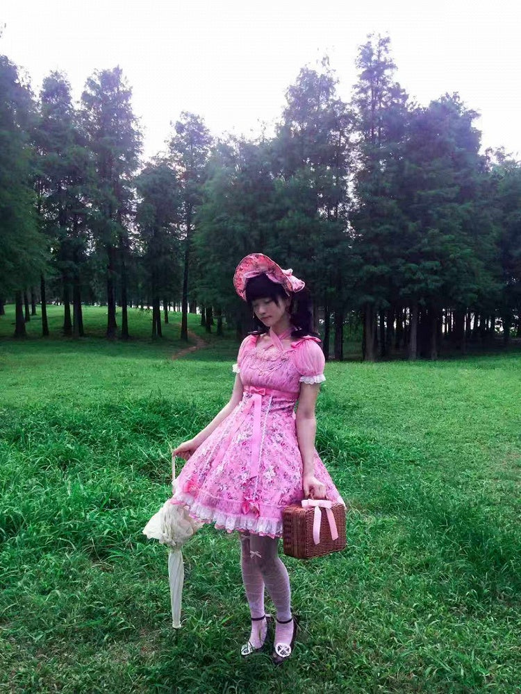 Pink Old School Lolita Floral Print OP Dress with Halter Straps - Asuka