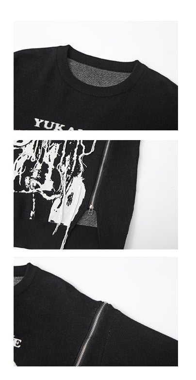 Reißverschlüsse Schwarzer lockerer Rock-Ausschnitt-Design-Punk-Rundpullover